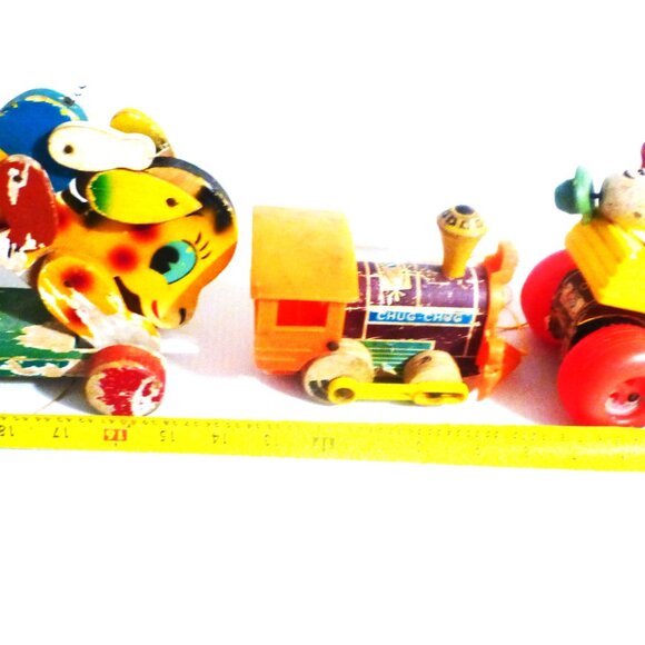 3 Vintage Fisher Price WOOD Pull Along Chug Chug Jalopy Horse Pre-School - Picture 7 of 10